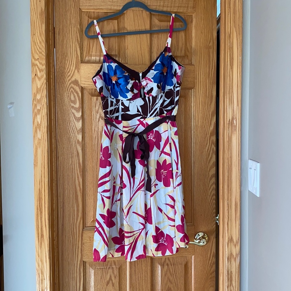 Spaghetti Strap Floral Silk Dress with Belt